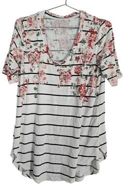 Maurices Women's Large 24/7 Floral Stripe T Shirt Pink Black White Casual Top
